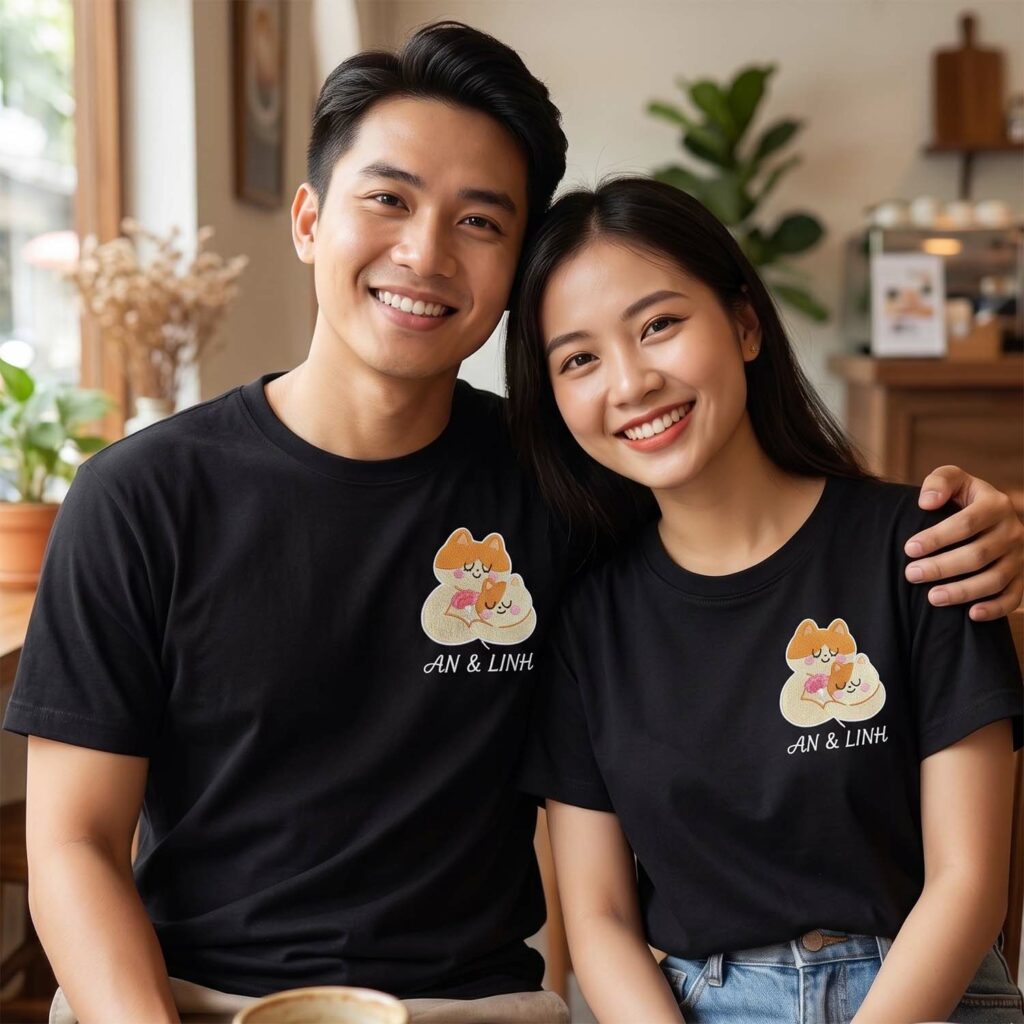 Áo Thêu Mèo Chibi Dễ Thương, Thêu Tên Bạn Và Người Yêu 1